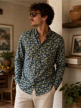 A Fish Named Fred Lemon Print Button-Up Shirt Men Large Blue Vacation Coastal